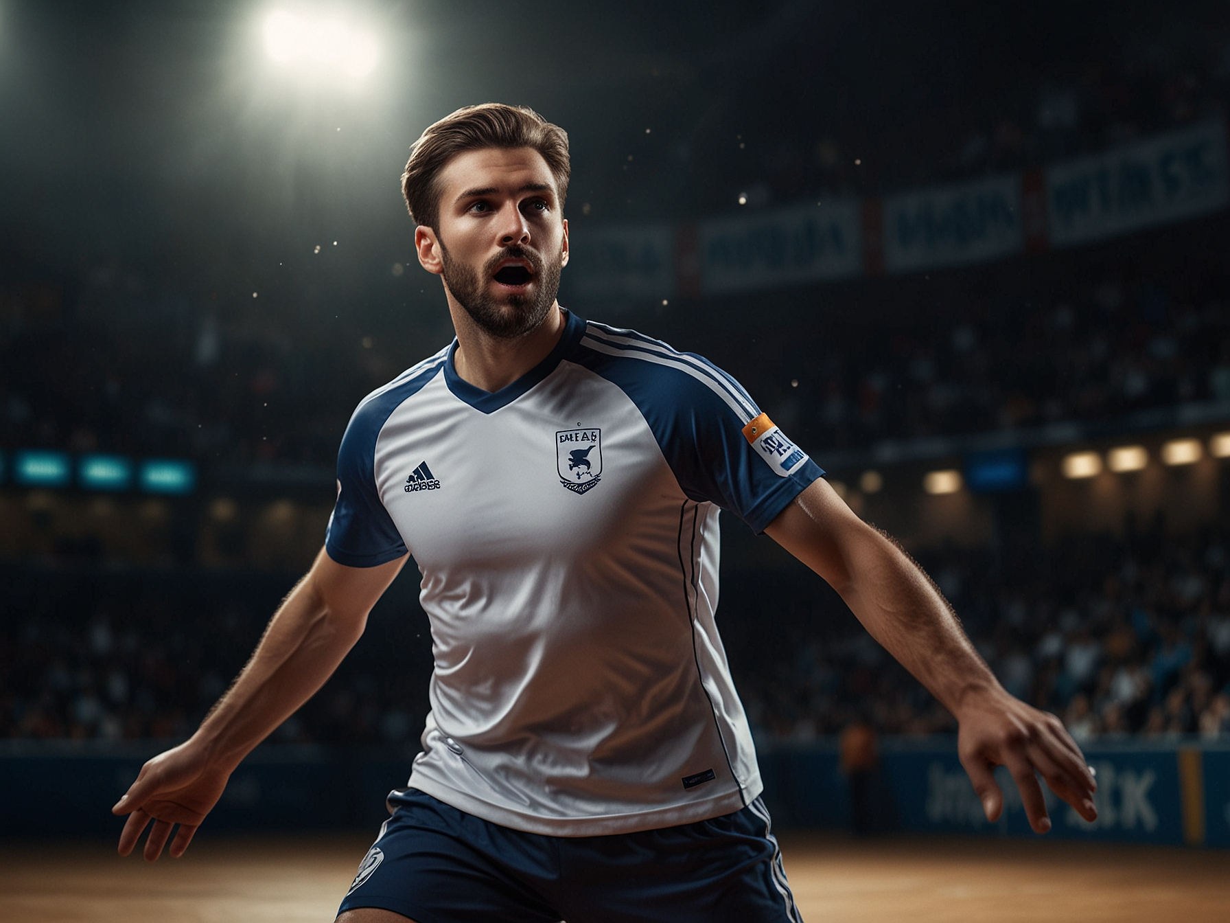 Handballspieler im Sprungwurf vor Stadionkulisse